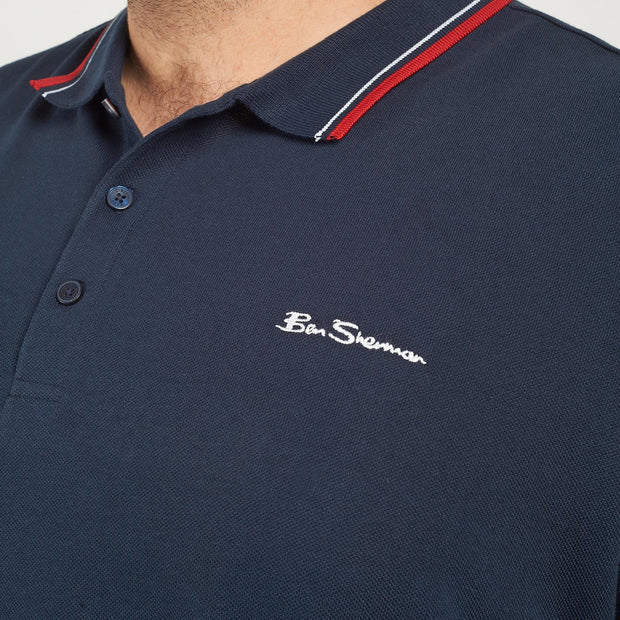 Ben Sherman - Navy Blue Organic Signature Polo Shirt close up view - Big & Tall
