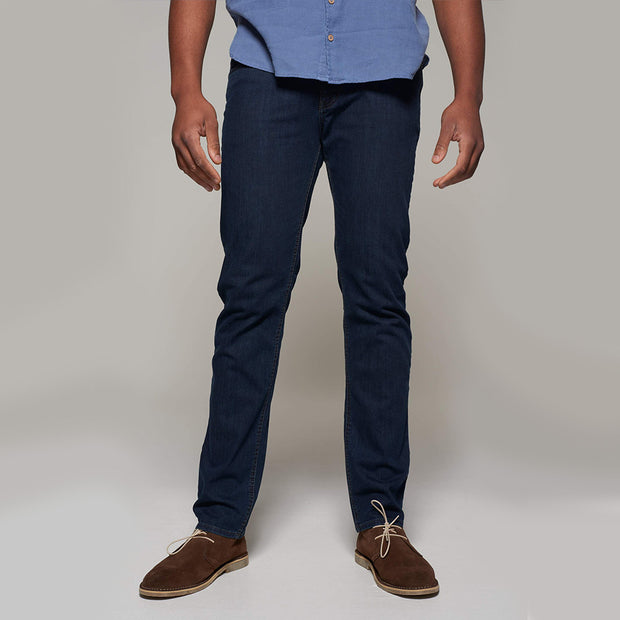 Fortmens model wearing Langley Dark Blue Jeans - front view