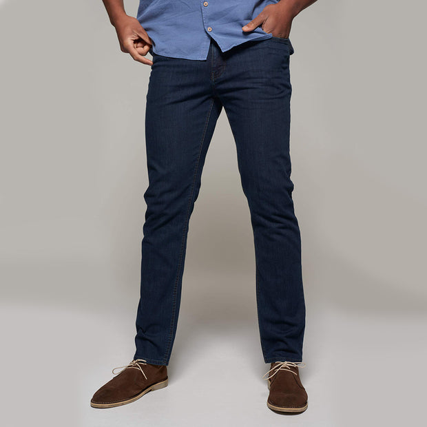 Fortmens model wearing Langley Dark Blue Jeans - front view