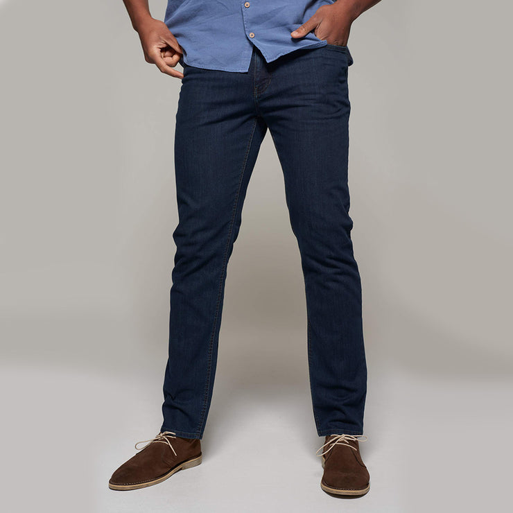 Fortmens model wearing Langley Dark Blue Jeans - front view