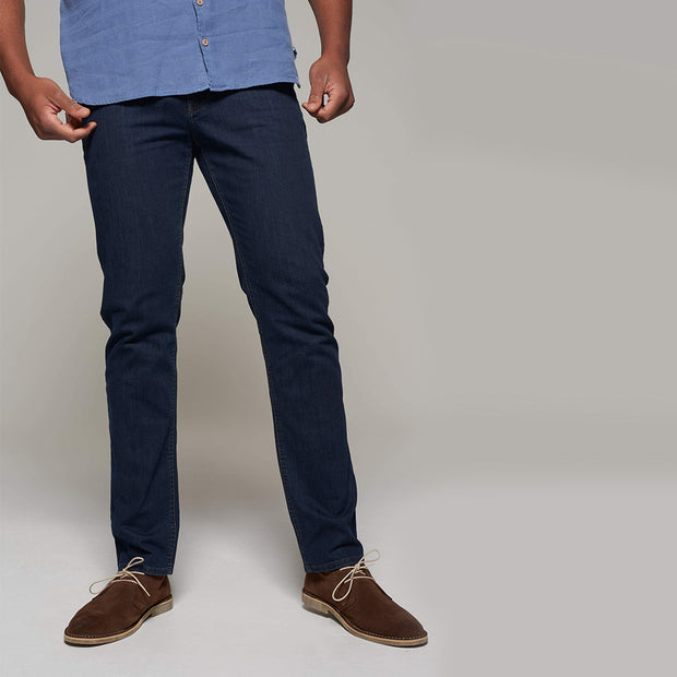 Fortmens model wearing Langley Dark Blue Jeans - front view