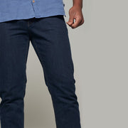 Fortmens model wearing Langley Dark Blue Jeans - front close up view