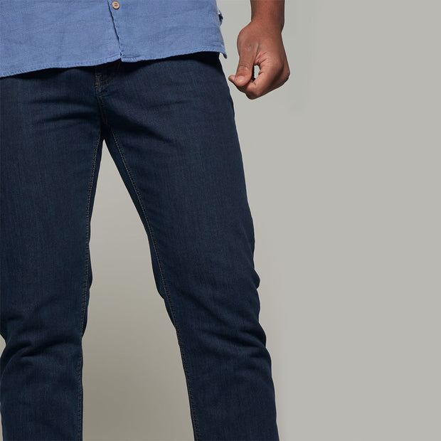 Fortmens model wearing Langley Dark Blue Jeans - front close up view